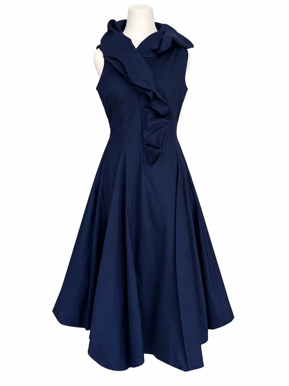 Samuel Dong Bubble Dress S Midnight Blue Wired Ruffle Neck Stretch Duppioni NWT